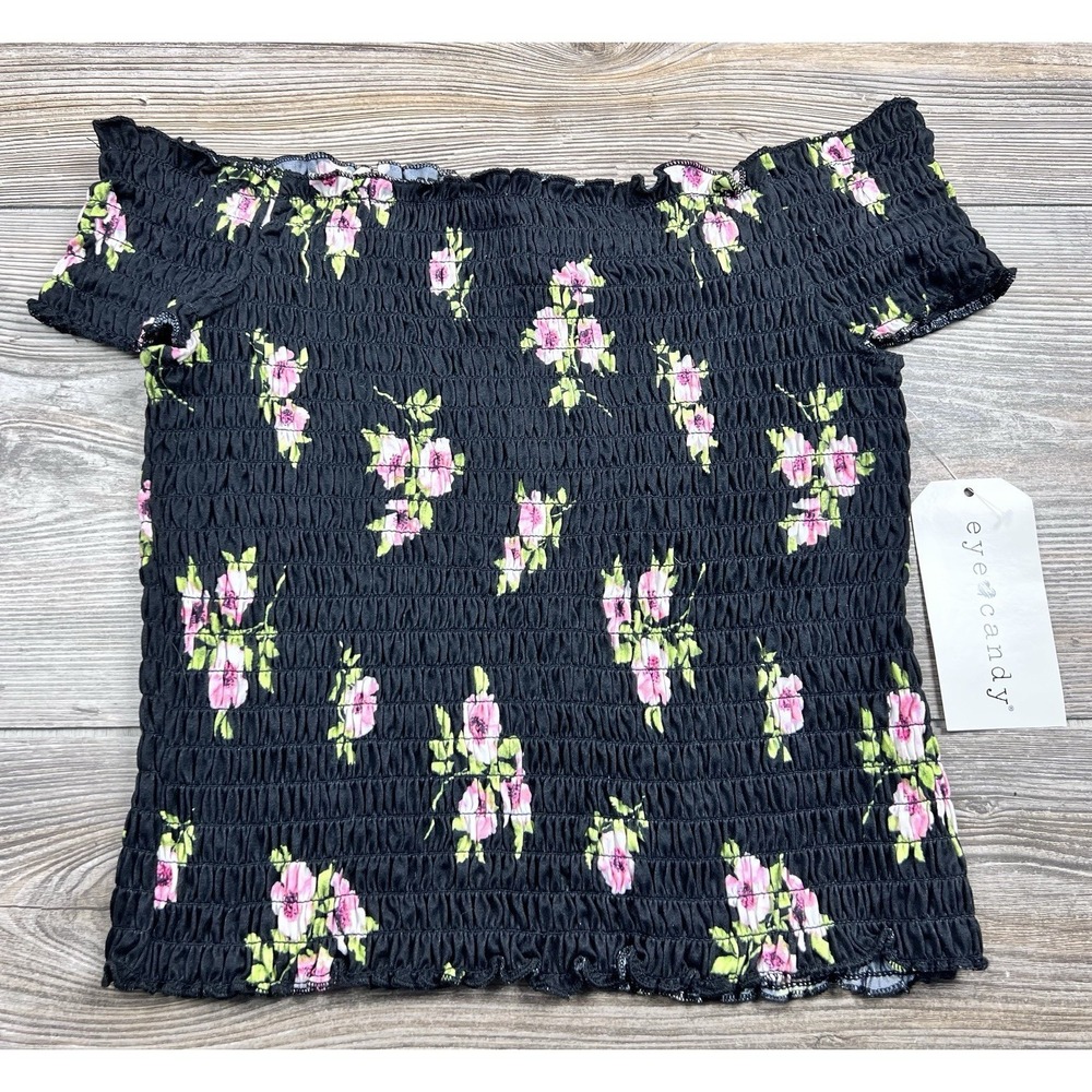 Eye Candy Smocked Floral Off Shoulder Crop‎ Top SMALL Short Sleeve Fairycore
